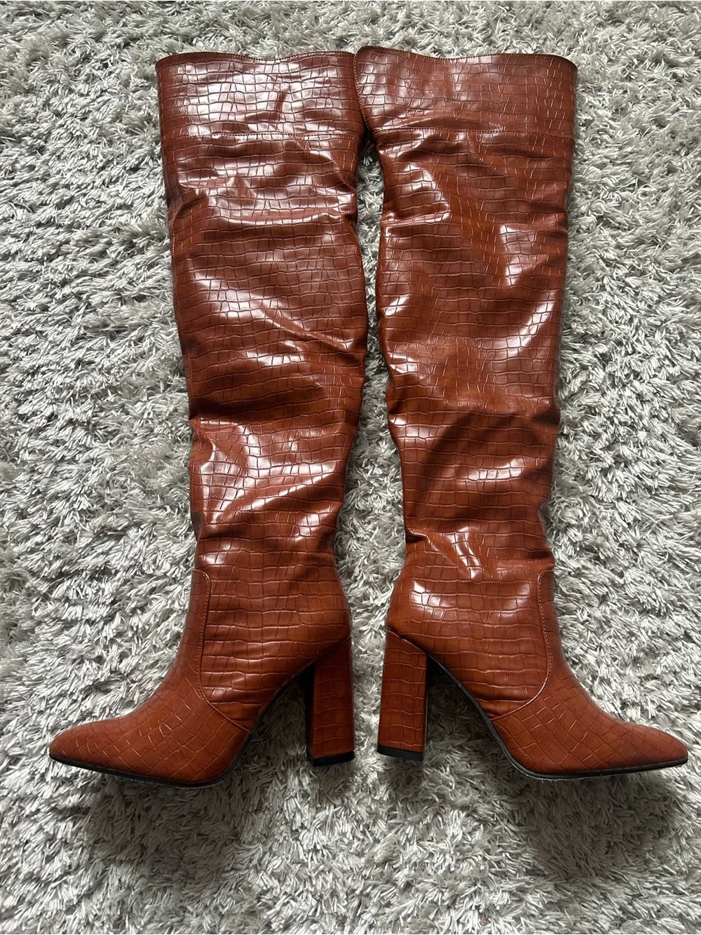 Women's Brown Croc-Embossed Over-the-Knee Boots